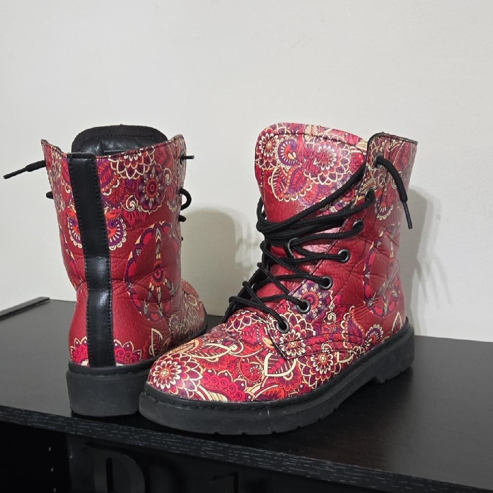 Yes We Vibe Red Floral Combat Boots. Size 9